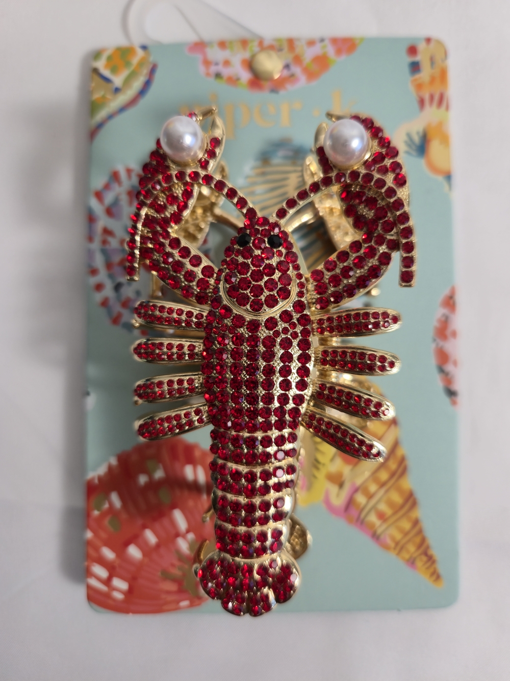 Piper•K Red Crystal Lobster Hair Claw with Pearl Accents NWT